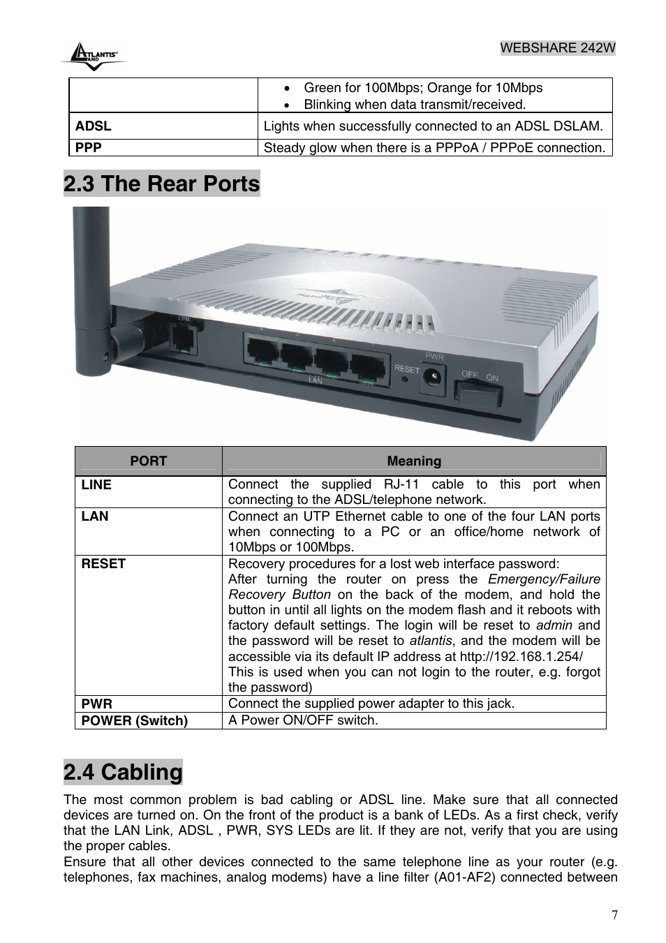 3 the rear ports, 4 cabling | Atlantis Land A02-RA242-W54 User Manual | Page 13 / 84