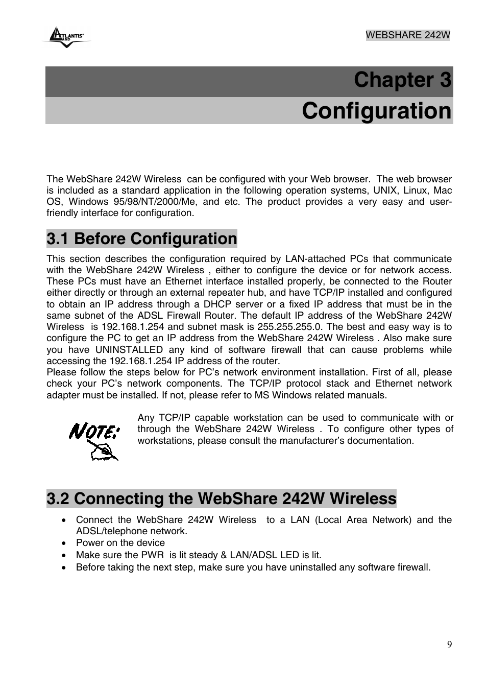 Configuration, Chapter 3, 1 before configuration | 2 connecting the webshare 242w wireless | Atlantis Land A02-RA242-W54 User Manual | Page 15 / 84