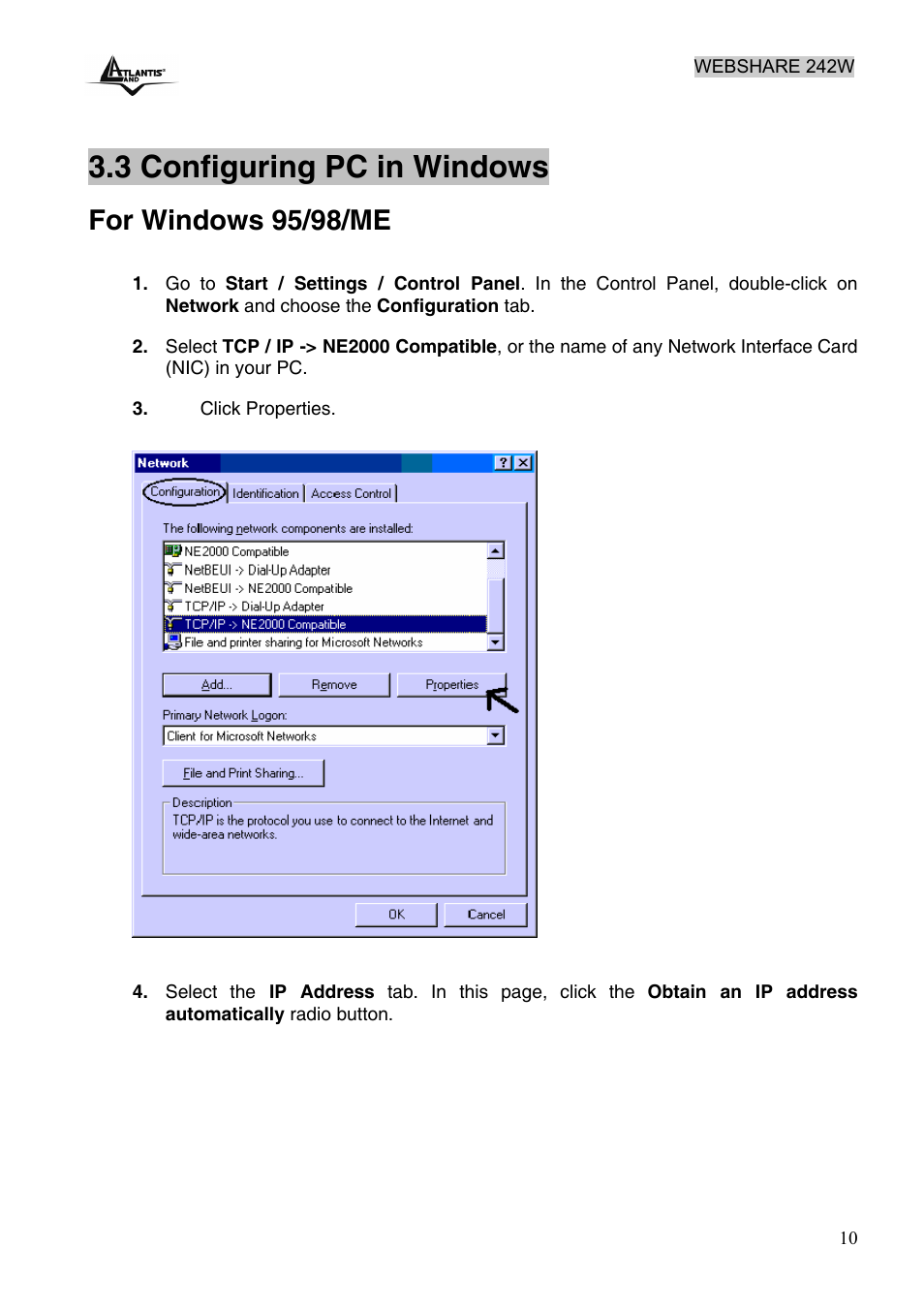 3 configuring pc in windows, For windows 95/98/me | Atlantis Land A02-RA242-W54 User Manual | Page 16 / 84