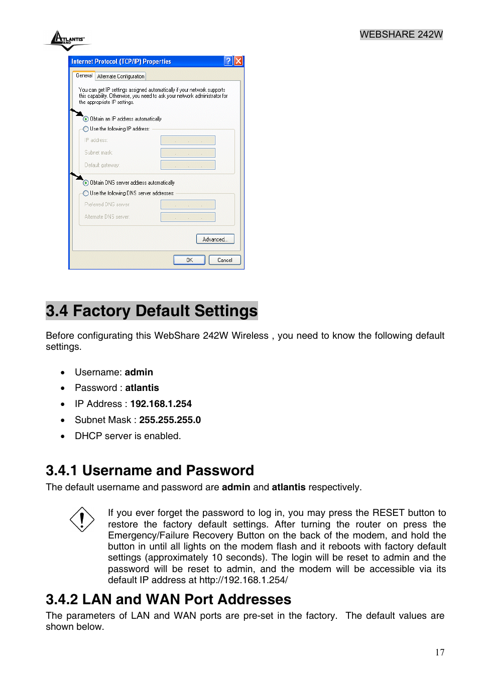 4 factory default settings, 1 username and password, 2 lan and wan port addresses | Atlantis Land A02-RA242-W54 User Manual | Page 23 / 84
