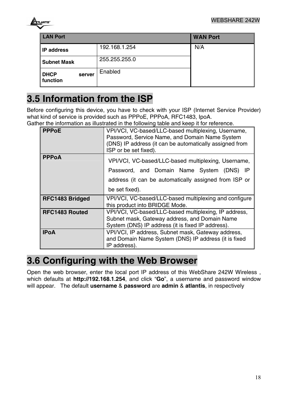 5 information from the isp, 6 configuring with the web browser | Atlantis Land A02-RA242-W54 User Manual | Page 24 / 84