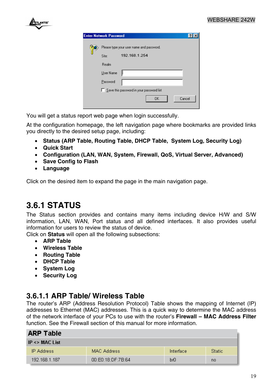 1 status, 1 arp table/ wireless table | Atlantis Land A02-RA242-W54 User Manual | Page 25 / 84