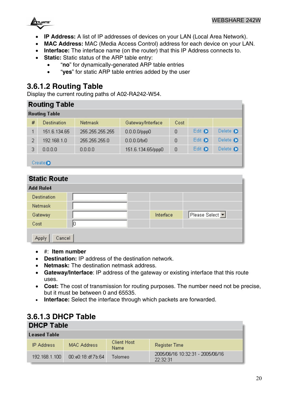 2 routing table, 3 dhcp table | Atlantis Land A02-RA242-W54 User Manual | Page 26 / 84