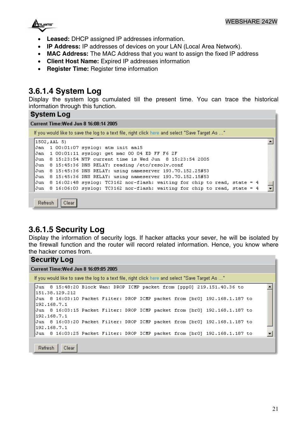 4 system log, 5 security log | Atlantis Land A02-RA242-W54 User Manual | Page 27 / 84