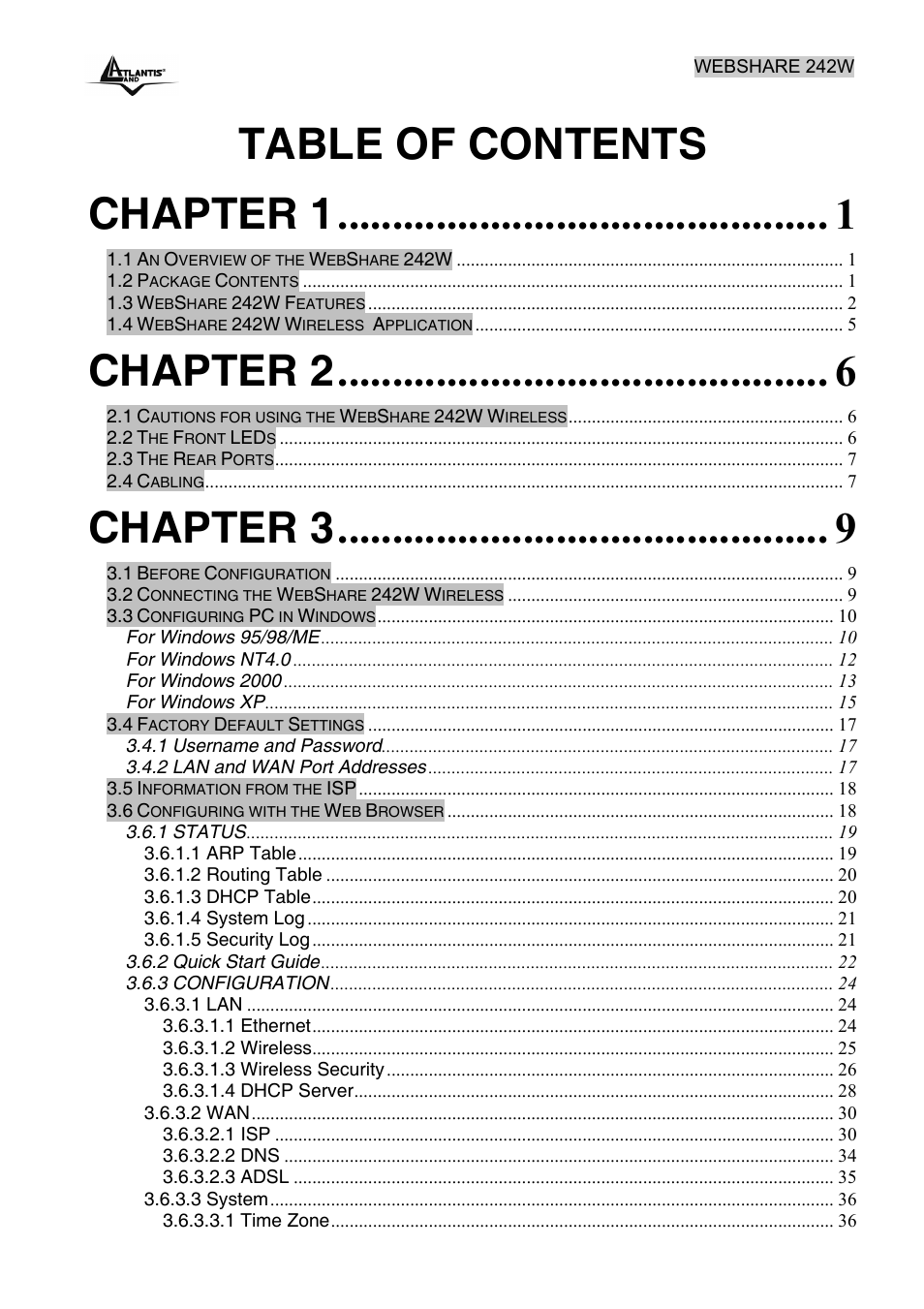 Table of contents chapter 1, Chapter 2, Chapter 3 | Atlantis Land A02-RA242-W54 User Manual | Page 4 / 84