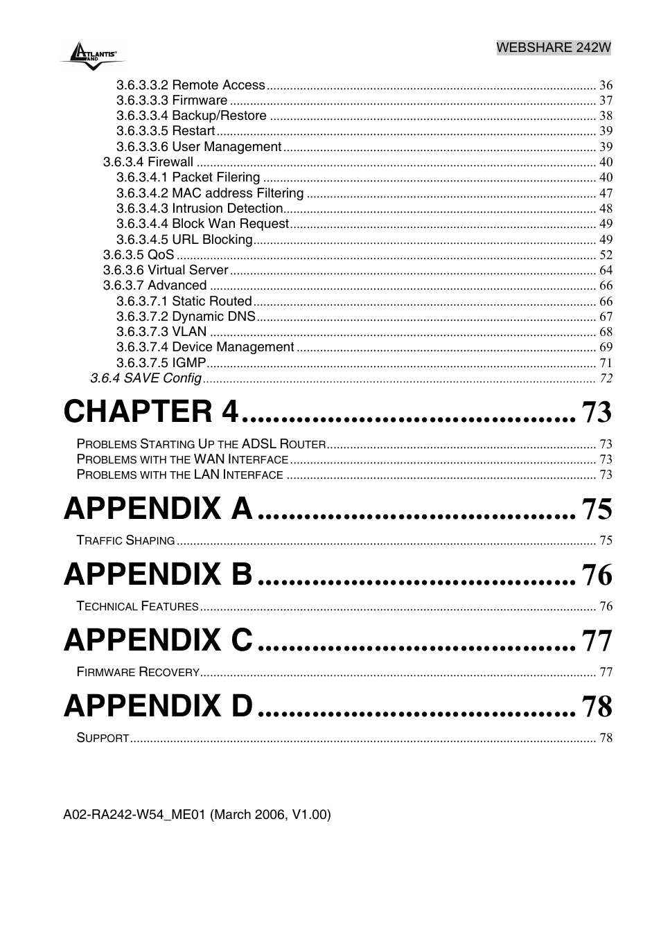 Chapter 4, Appendix a, Appendix b | Appendix c, Appendix d | Atlantis Land A02-RA242-W54 User Manual | Page 5 / 84