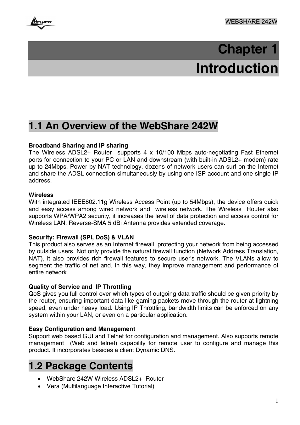 Introduction, Chapter 1, 1 an overview of the webshare 242w | 2 package contents | Atlantis Land A02-RA242-W54 User Manual | Page 7 / 84