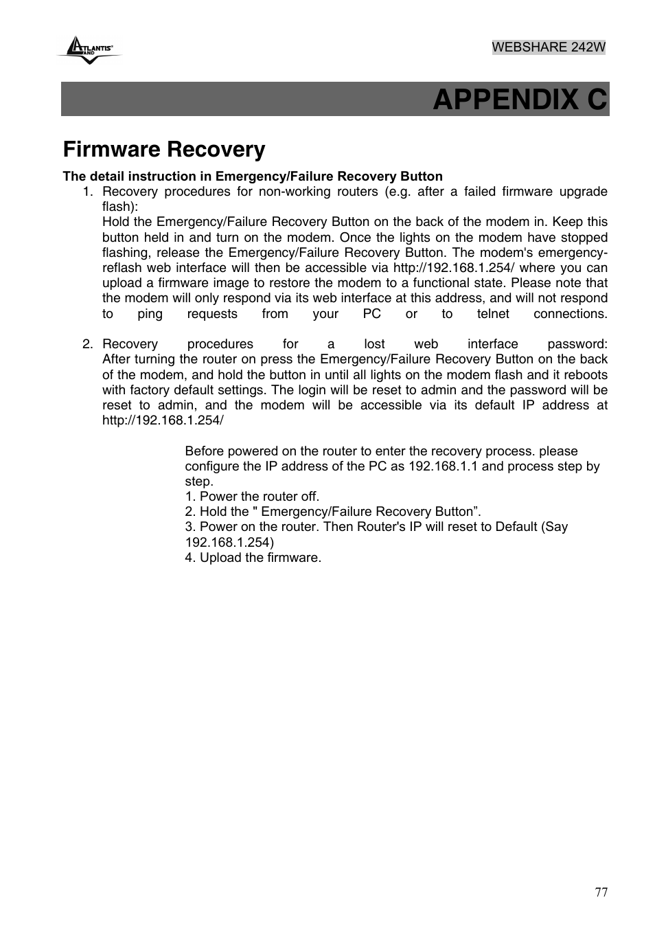 Appendix c, Firmware recovery | Atlantis Land A02-RA242-W54 User Manual | Page 83 / 84