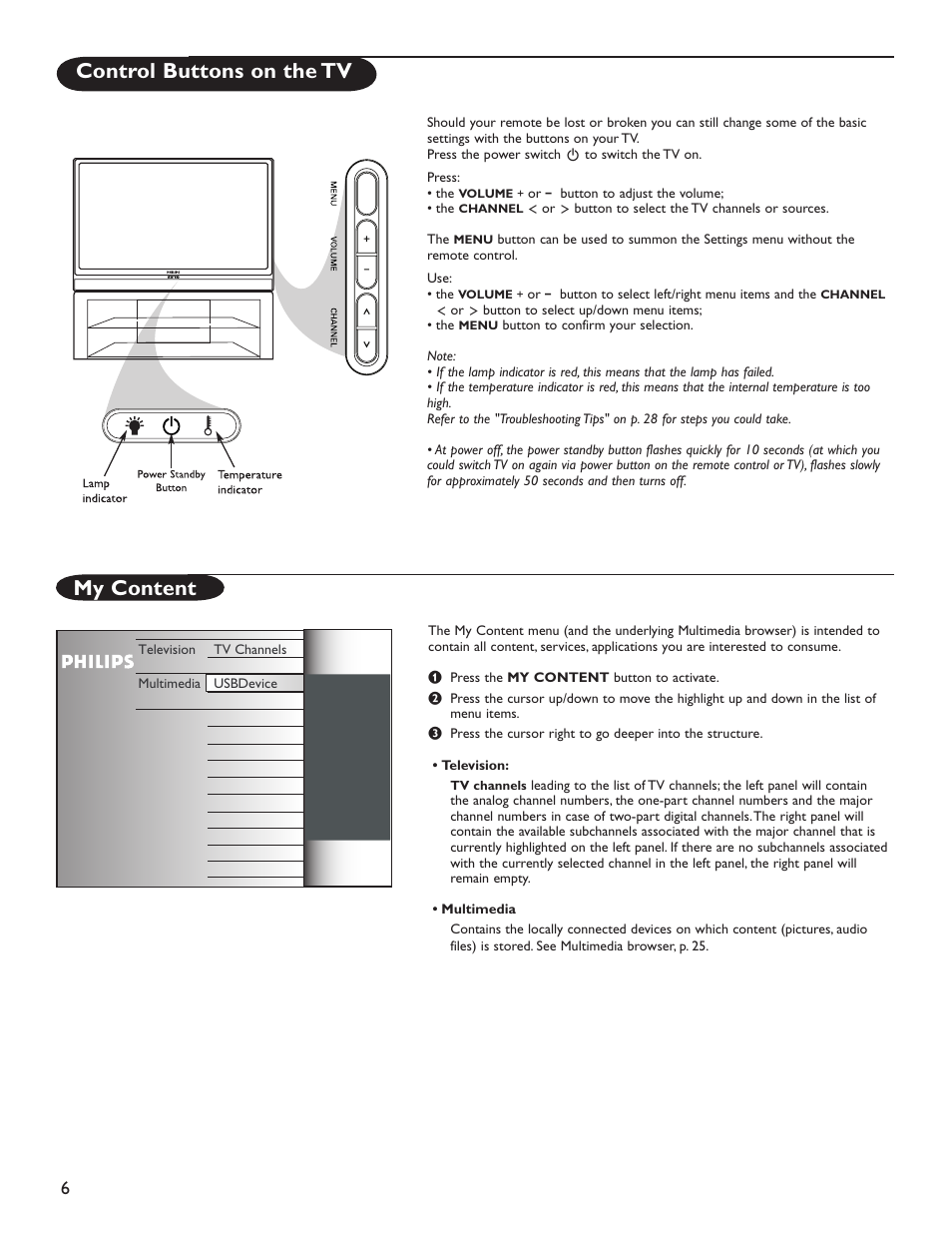 Control buttons on the tv, My content | Philips 60PL9220D-37 User Manual | Page 14 / 43