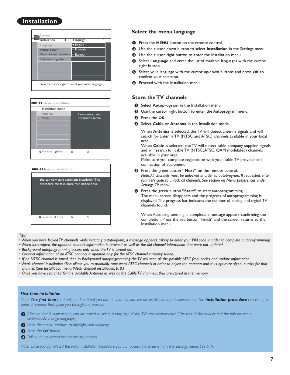 Installation, Store the tv channels select the menu language | Philips 60PL9220D-37 User Manual | Page 15 / 43