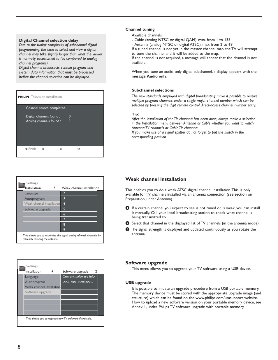 Weak channel installation, Software upgrade | Philips 60PL9220D-37 User Manual | Page 16 / 43