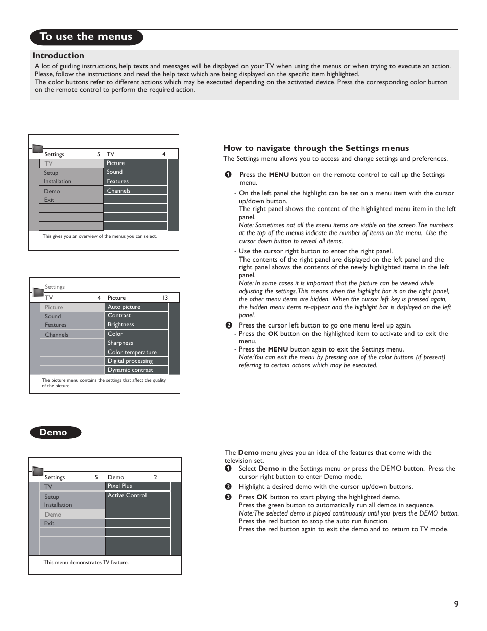 Demo, How to navigate through the settings menus, Introduction | Philips 60PL9220D-37 User Manual | Page 17 / 43