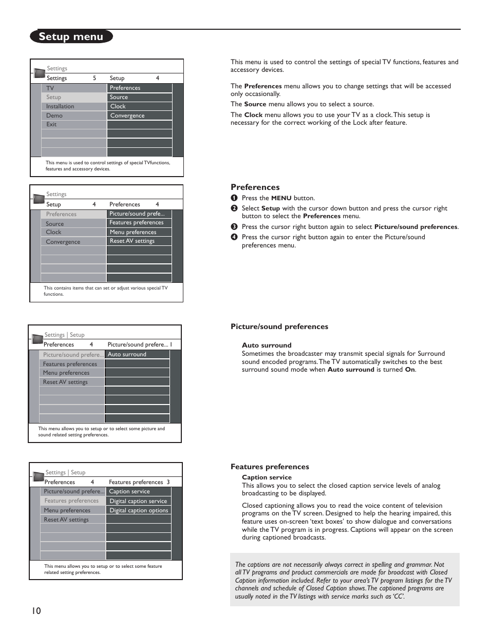 Setup menu, Preferences | Philips 60PL9220D-37 User Manual | Page 18 / 43