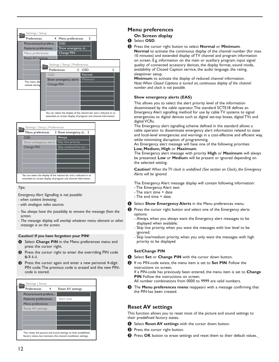 Menu preferences, Reset av settings | Philips 60PL9220D-37 User Manual | Page 20 / 43