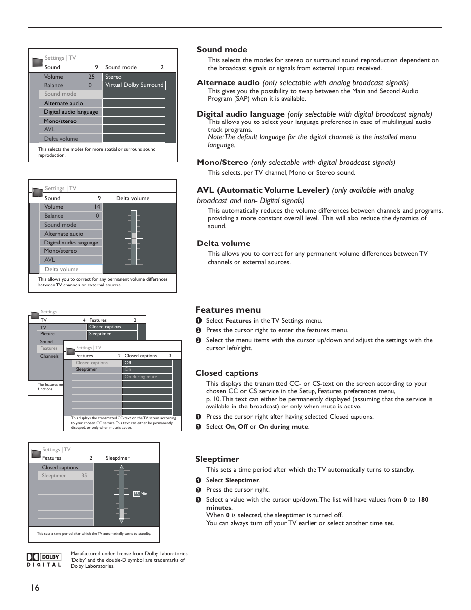 Features menu, Sound mode, Delta volume | Closed captions, Sleeptimer | Philips 60PL9220D-37 User Manual | Page 24 / 43