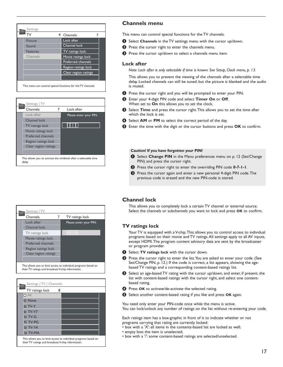 17 channels menu, Channel lock, Lock after | Tv ratings lock | Philips 60PL9220D-37 User Manual | Page 25 / 43