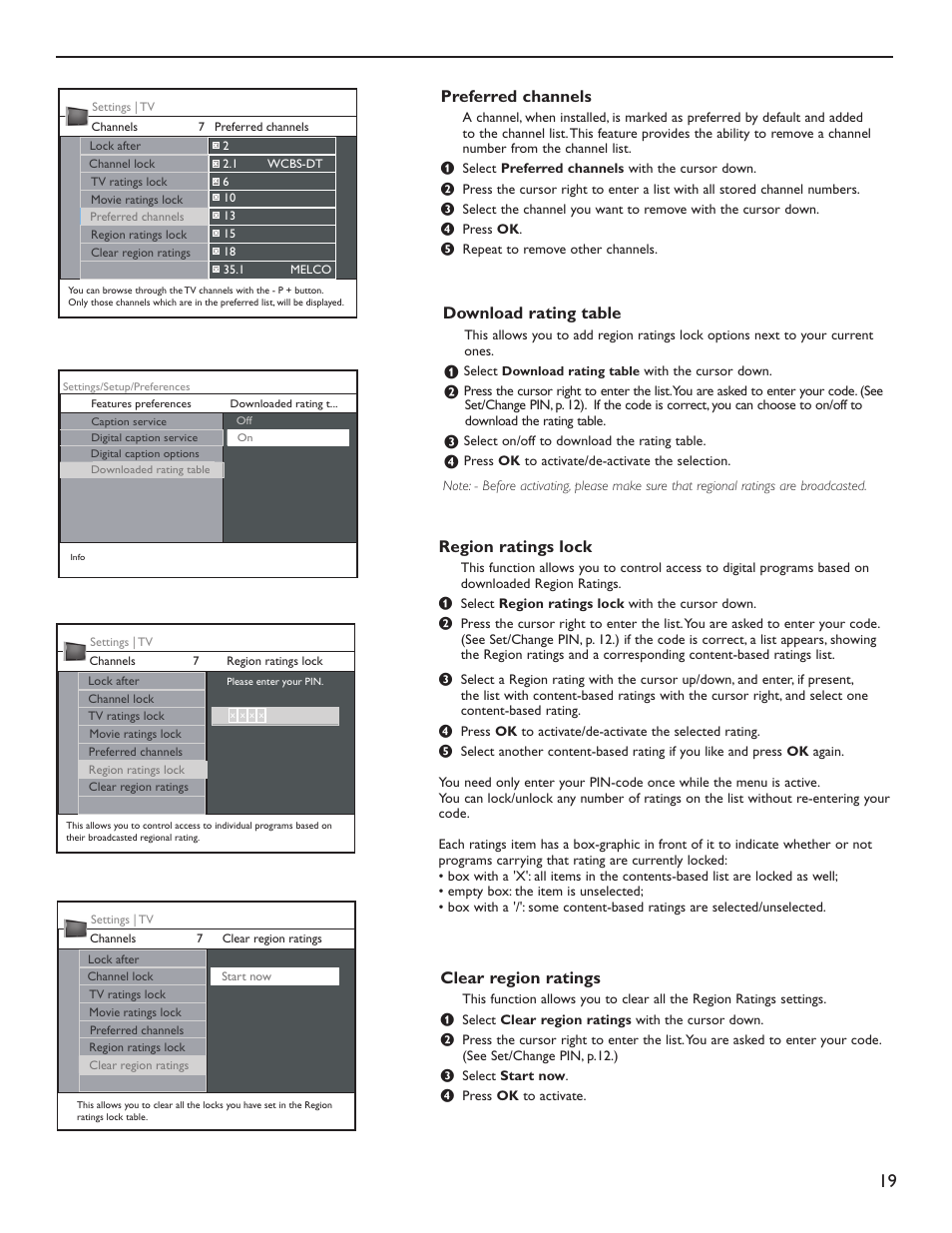 Region ratings lock, Preferred channels, Clear region ratings | Download rating table | Philips 60PL9220D-37 User Manual | Page 27 / 43