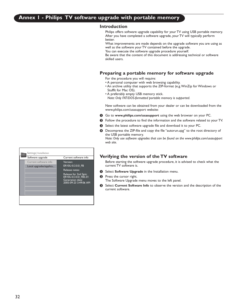 32 introduction, Verifying the version of the tv software | Philips 60PL9220D-37 User Manual | Page 40 / 43