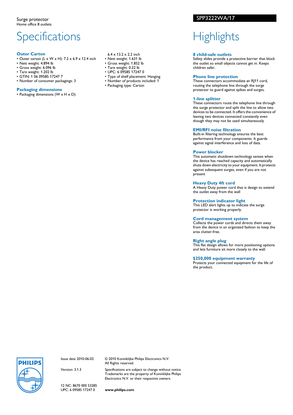 Specifications, Highlights | Philips SPP3222WA-17 User Manual | Page 2 / 2