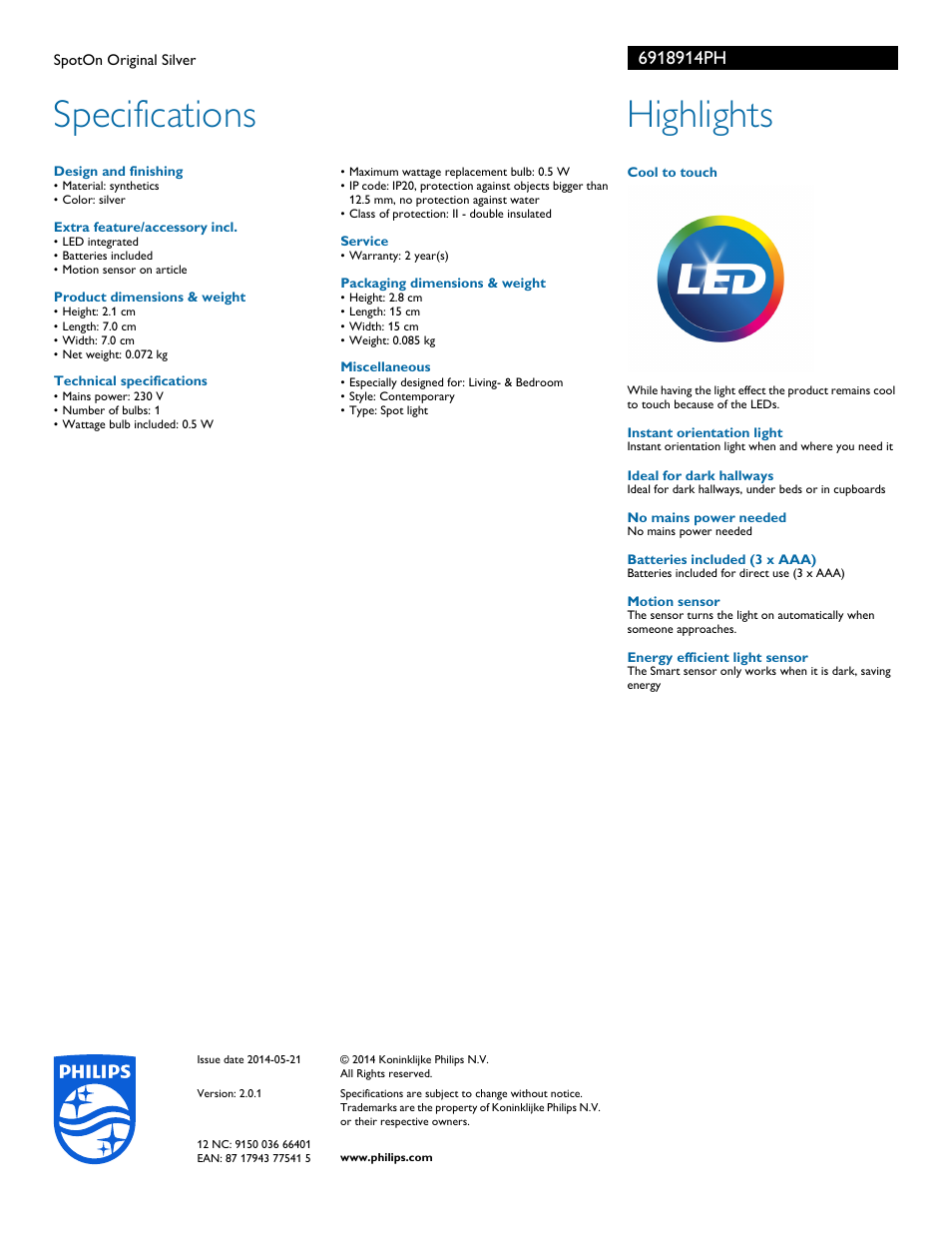 Specifications, Highlights | Philips 6918914PH User Manual | Page 2 / 2