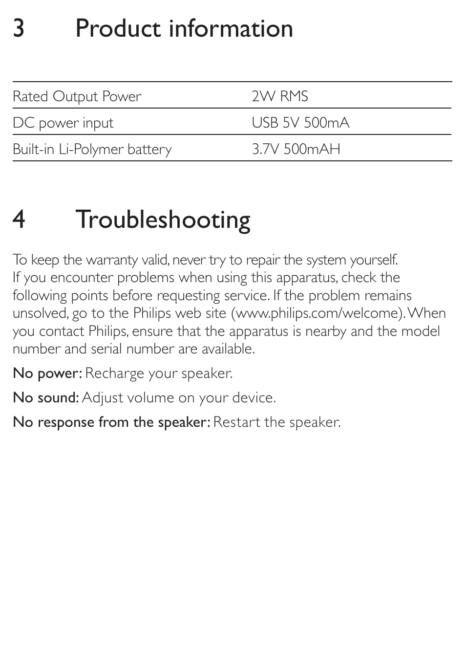 3product information, 4 troubleshooting | Philips SBA3005-00 User Manual | Page 10 / 12