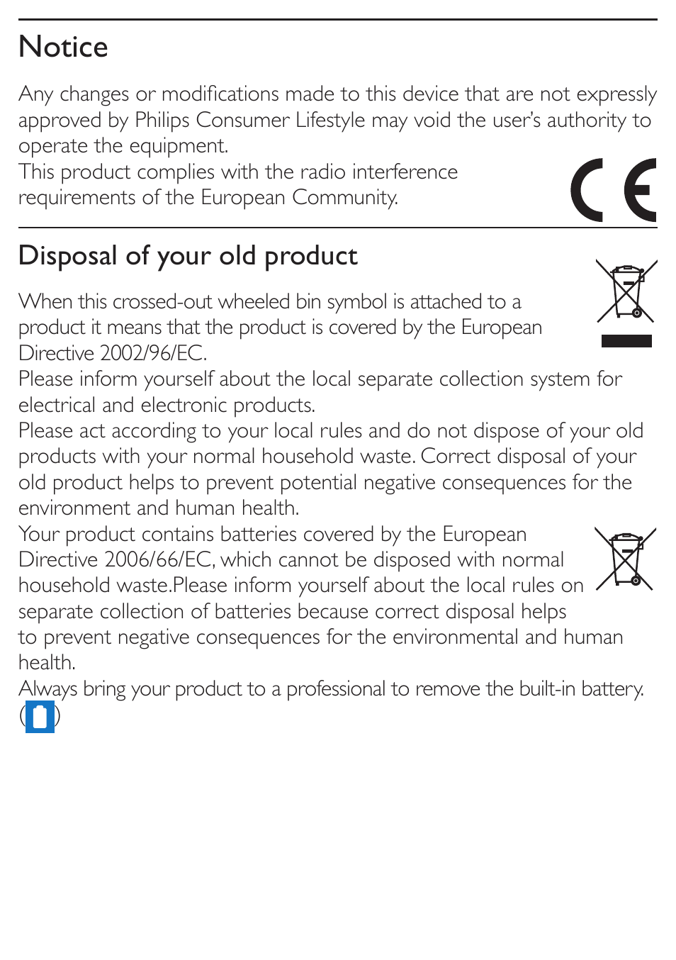 Notice, Disposal of your old product | Philips SBA3005-00 User Manual | Page 8 / 12