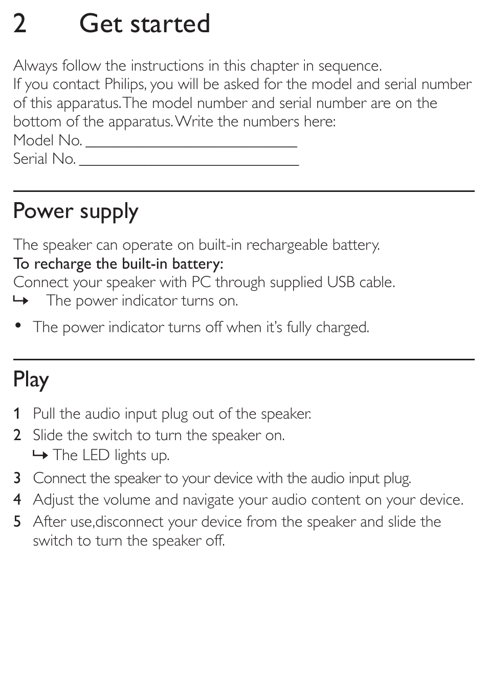 2get started, Power supply, Play | Philips SBA3005-00 User Manual | Page 9 / 12