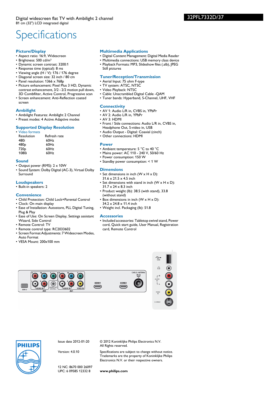 Specifications | Philips 32PFL7332D-37 User Manual | Page 3 / 3