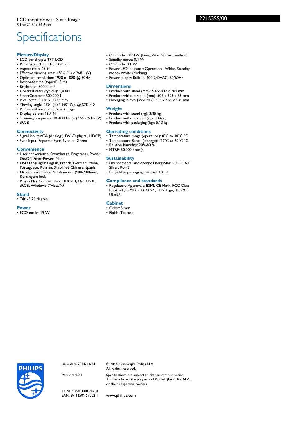 Specifications | Philips 221S3SS-00 User Manual | Page 3 / 3