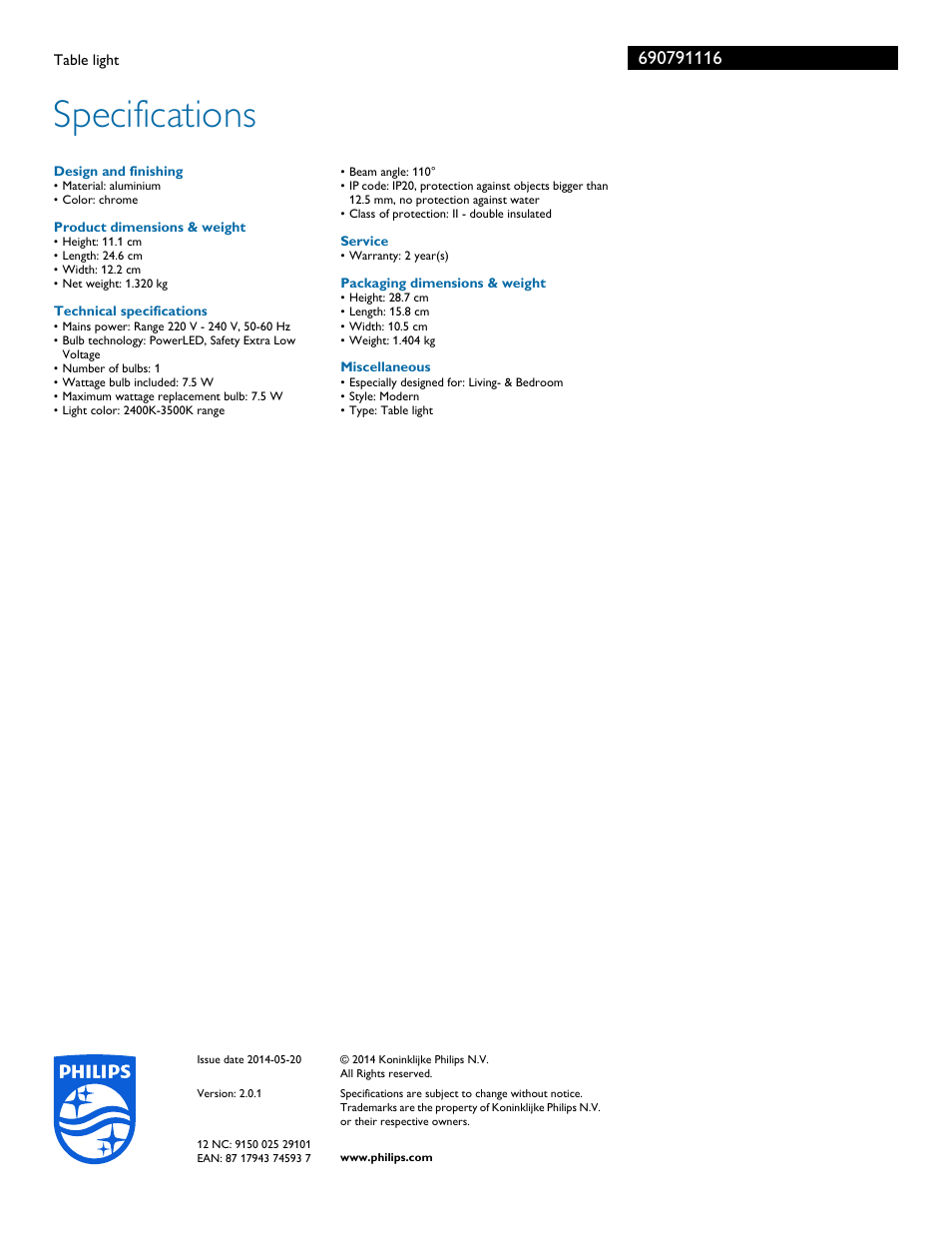 Specifications | Philips 690791116 User Manual | Page 3 / 3