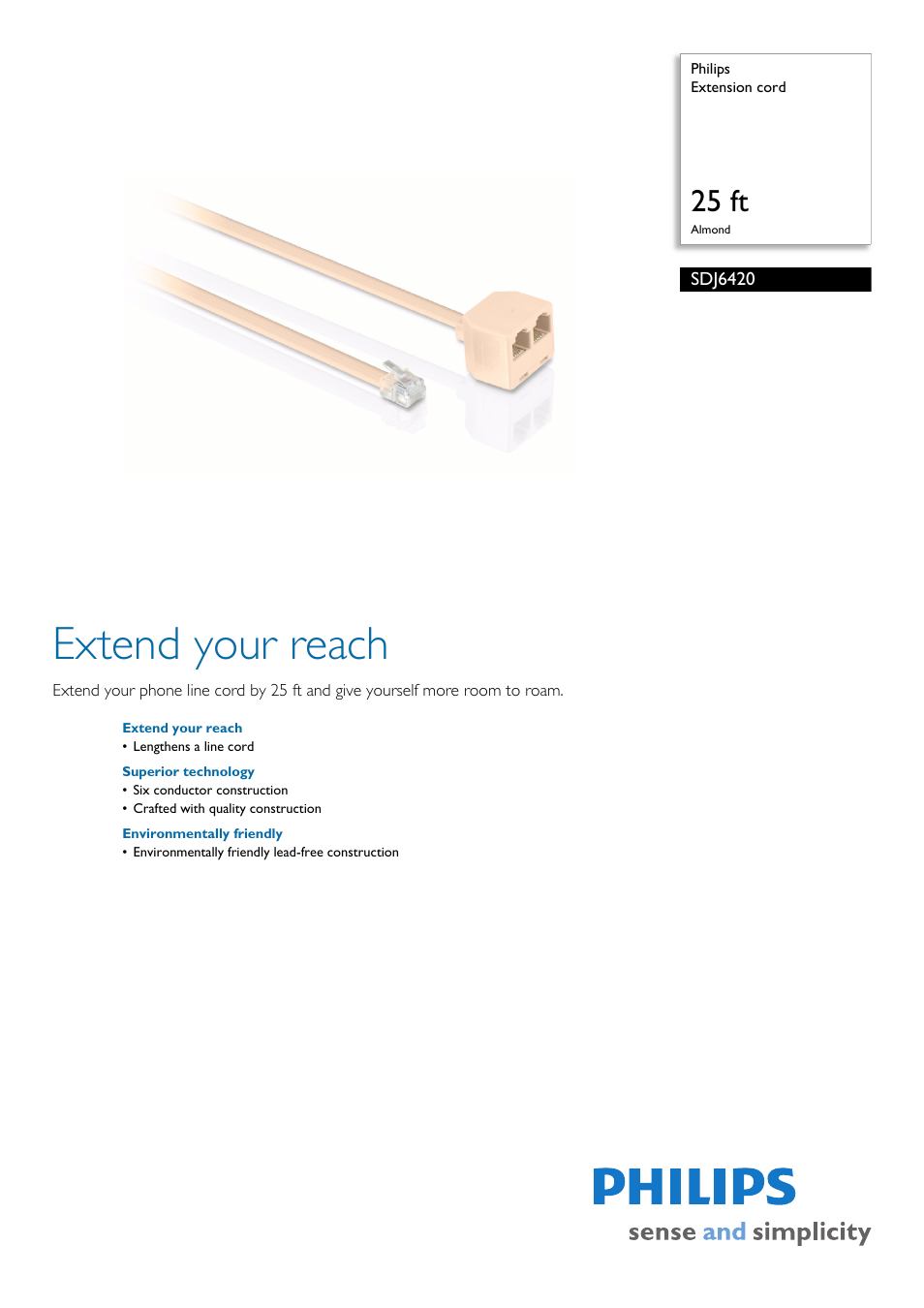 Philips Extension cord SDJ6420 25 ft Almond User Manual | 2 pages