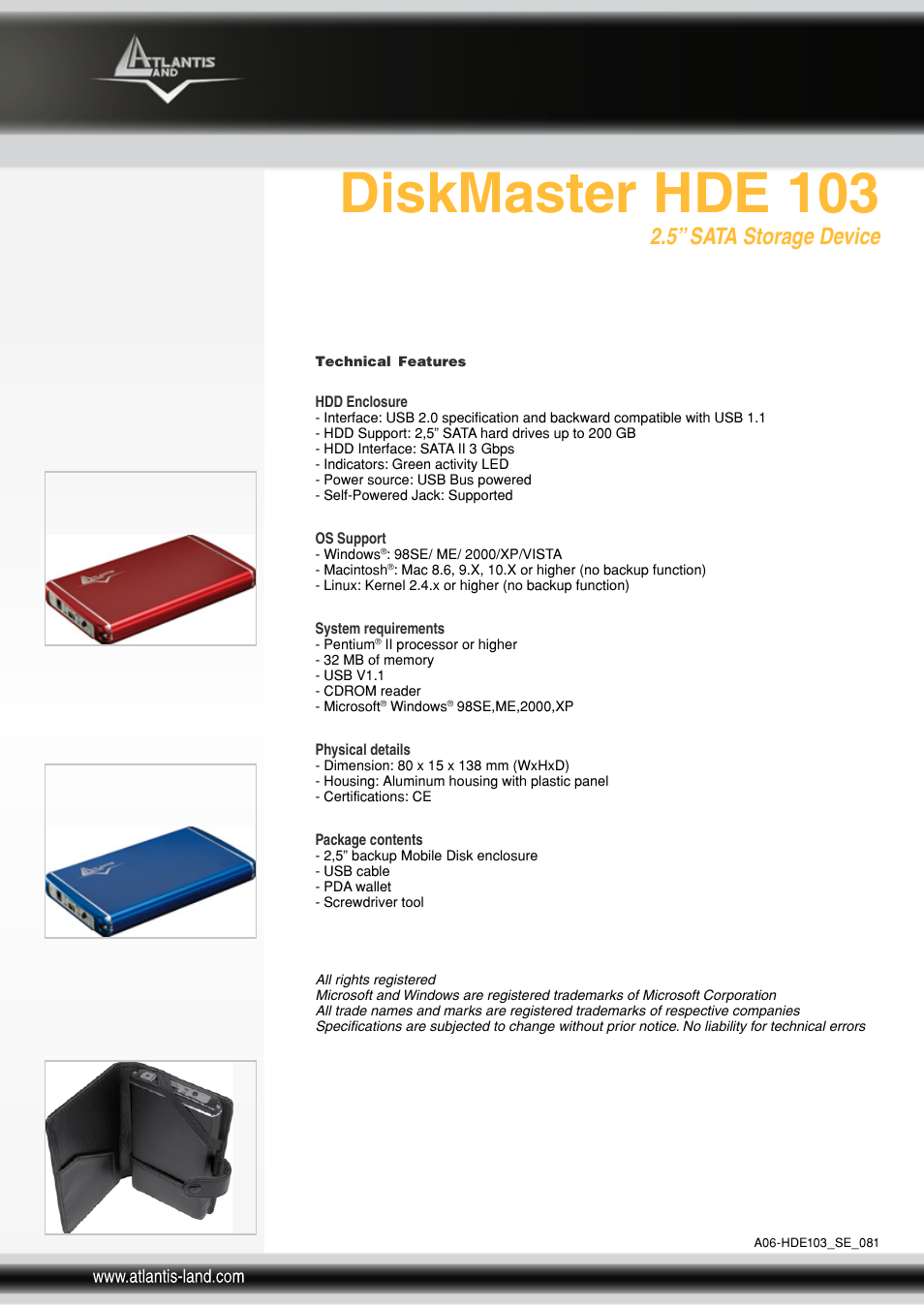 Diskmaster hde 103, 5” sata storage device | Atlantis Land DiskMaster HDE 103 User Manual | Page 2 / 2