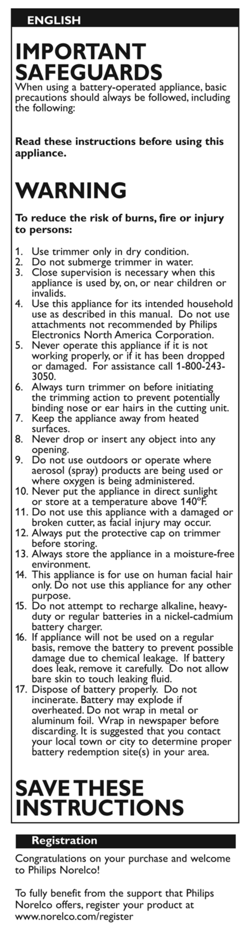 English, To reduce the risk of burns, fire or injury, Registration | Important safeguards, Warning, Savethese instructions | Philips NT8110-10 User Manual | Page 2 / 6