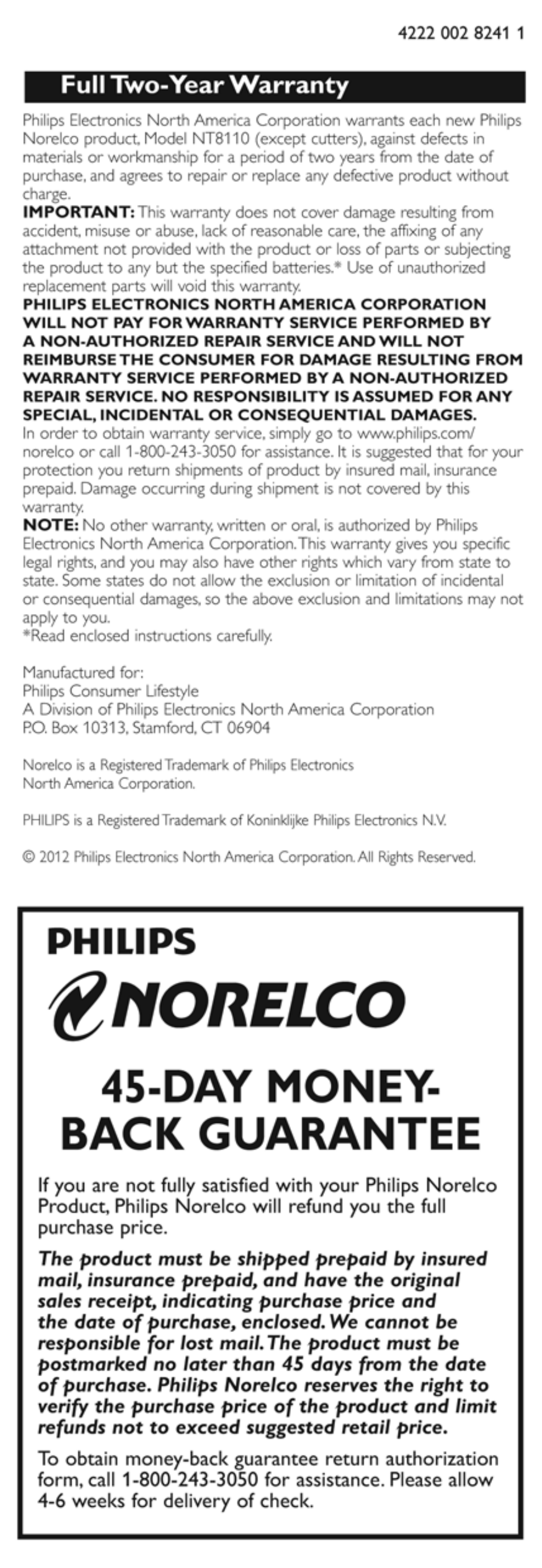 Norelco, Day money- back guarantee, Philips | Full two-year warranty | Philips NT8110-10 User Manual | Page 6 / 6