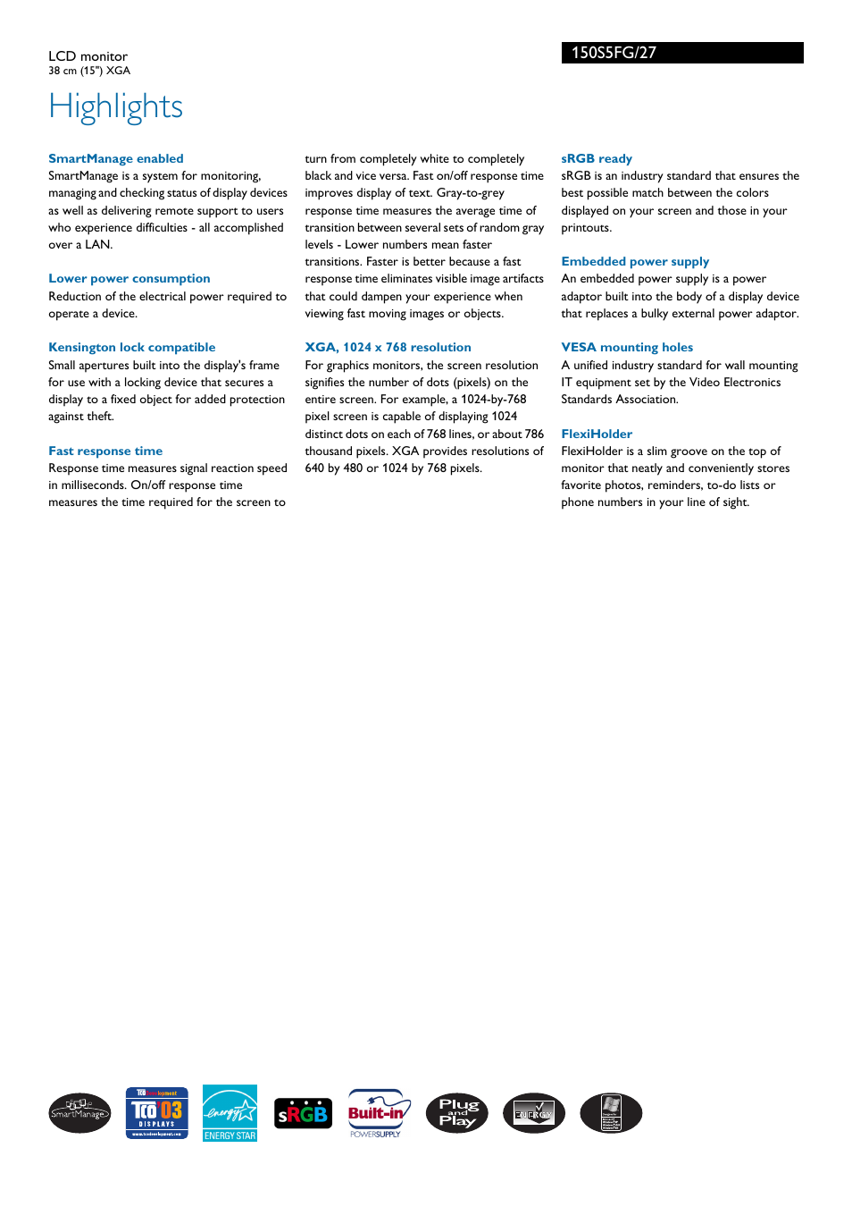 Highlights | Philips 150S5FG-27 User Manual | Page 2 / 3