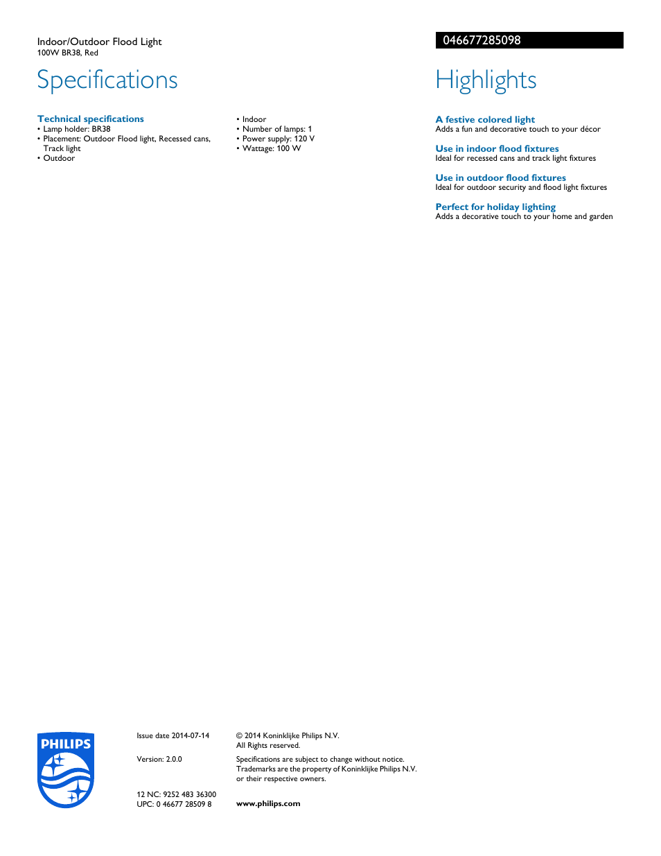Specifications, Highlights | Philips 046677285098 User Manual | Page 2 / 2