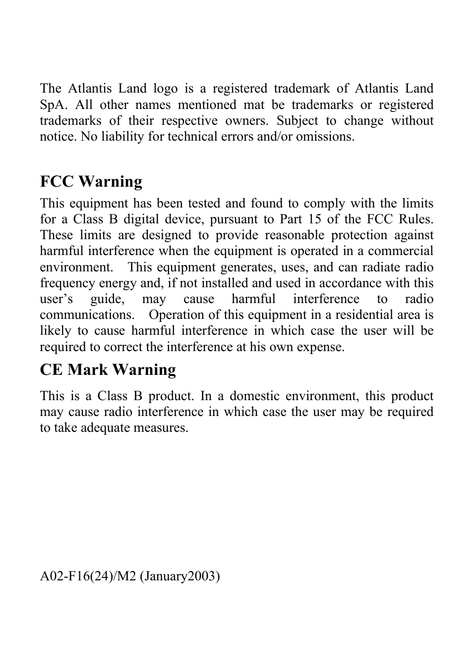 Fcc warning, Ce mark warning | Atlantis Land A02-F16(24)/M2 User Manual | Page 2 / 17