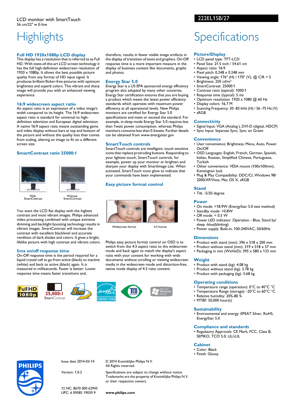 Highlights, Specifications | Philips 222EL1SB-27 User Manual | Page 2 / 2