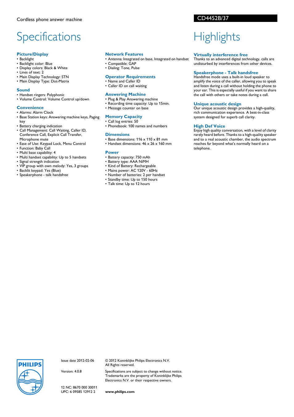 Specifications, Highlights | Philips Cordless phone answer machine CD4452B User Manual | Page 2 / 2