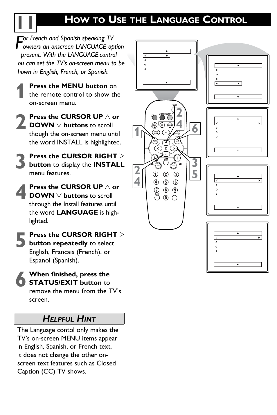 Ow to, Se the, Anguage | Ontrol | Philips 20PT6245-37 User Manual | Page 15 / 34