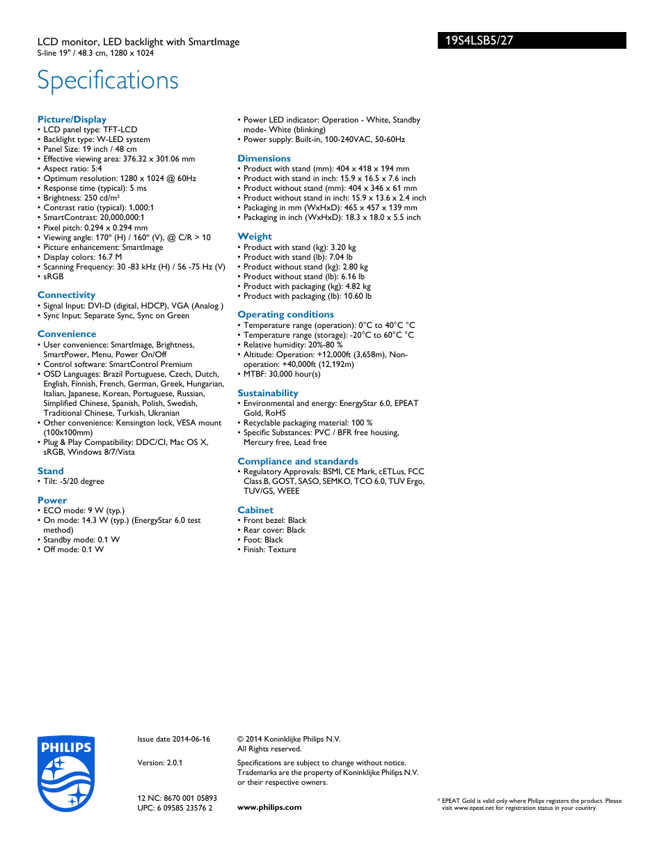 Specifications | Philips 19S4LSB5-27 User Manual | Page 3 / 3