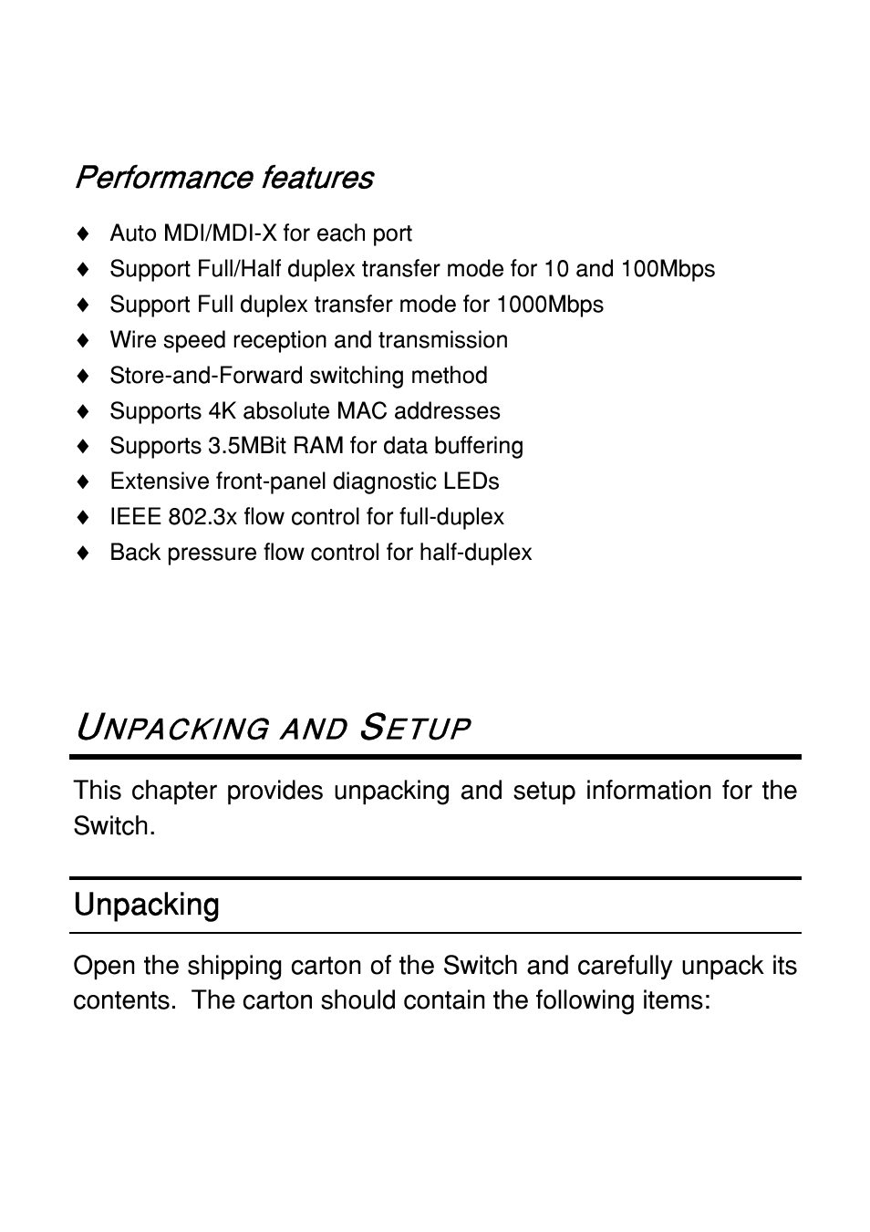 Performance features, Unpacking | Atlantis Land 8 ports 10/100/1000Mbps User Manual | Page 10 / 19