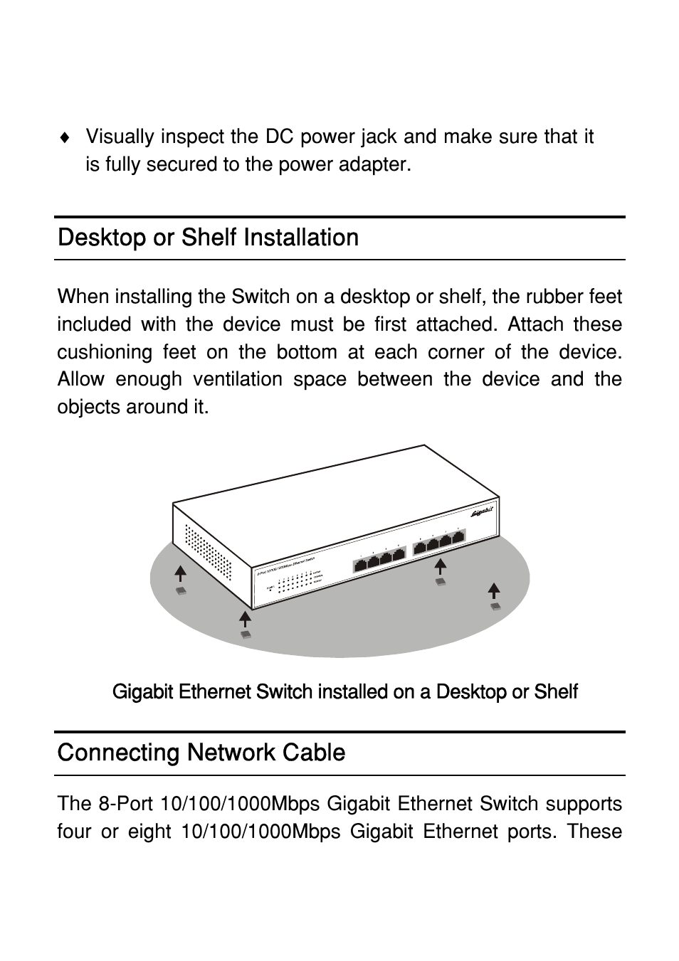 Desktop or shelf installation, Connecting network cable | Atlantis Land 8 ports 10/100/1000Mbps User Manual | Page 12 / 19