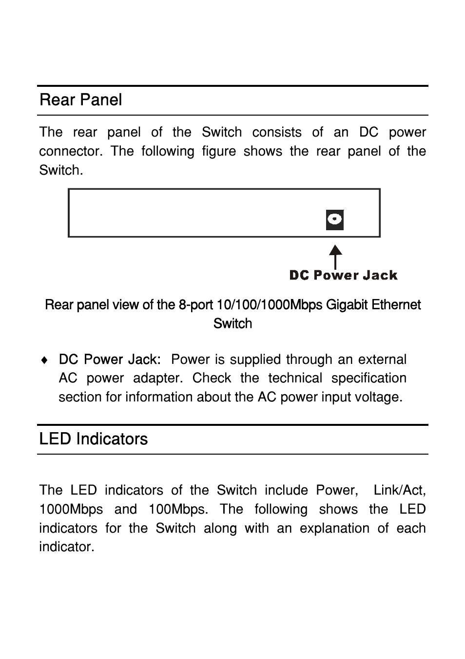 Rear panel, Led indicators | Atlantis Land 8 ports 10/100/1000Mbps User Manual | Page 15 / 19