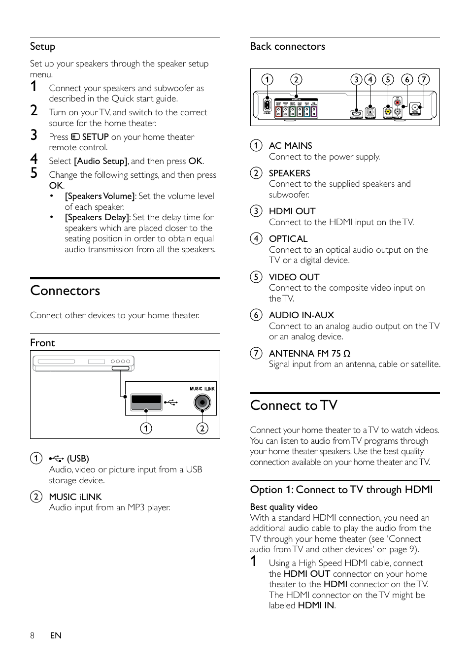 Easylink controls, Connectors, Connect to tv | Philips HTS3531-F7 User Manual | Page 10 / 28