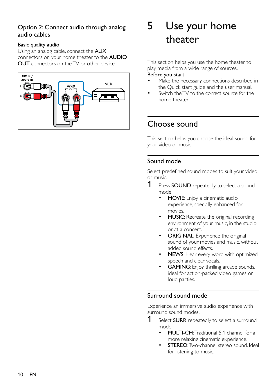 4 connect your home theater, Speakers, Position | 5 use your home theater, Choose sound | Philips HTS3531-F7 User Manual | Page 12 / 28