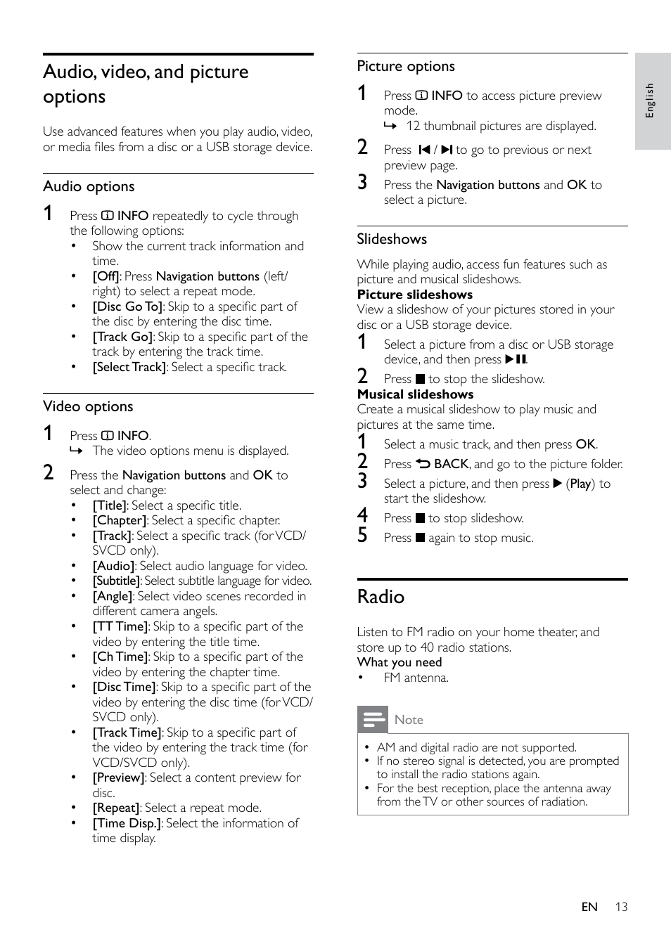Connect audio from tv and other devices, Set up audio for connected devices, Audio, video, and picture options | Radio, Access the advanced options, When you play your audio, video, Or media files (see 'audio | Philips HTS3531-F7 User Manual | Page 15 / 28