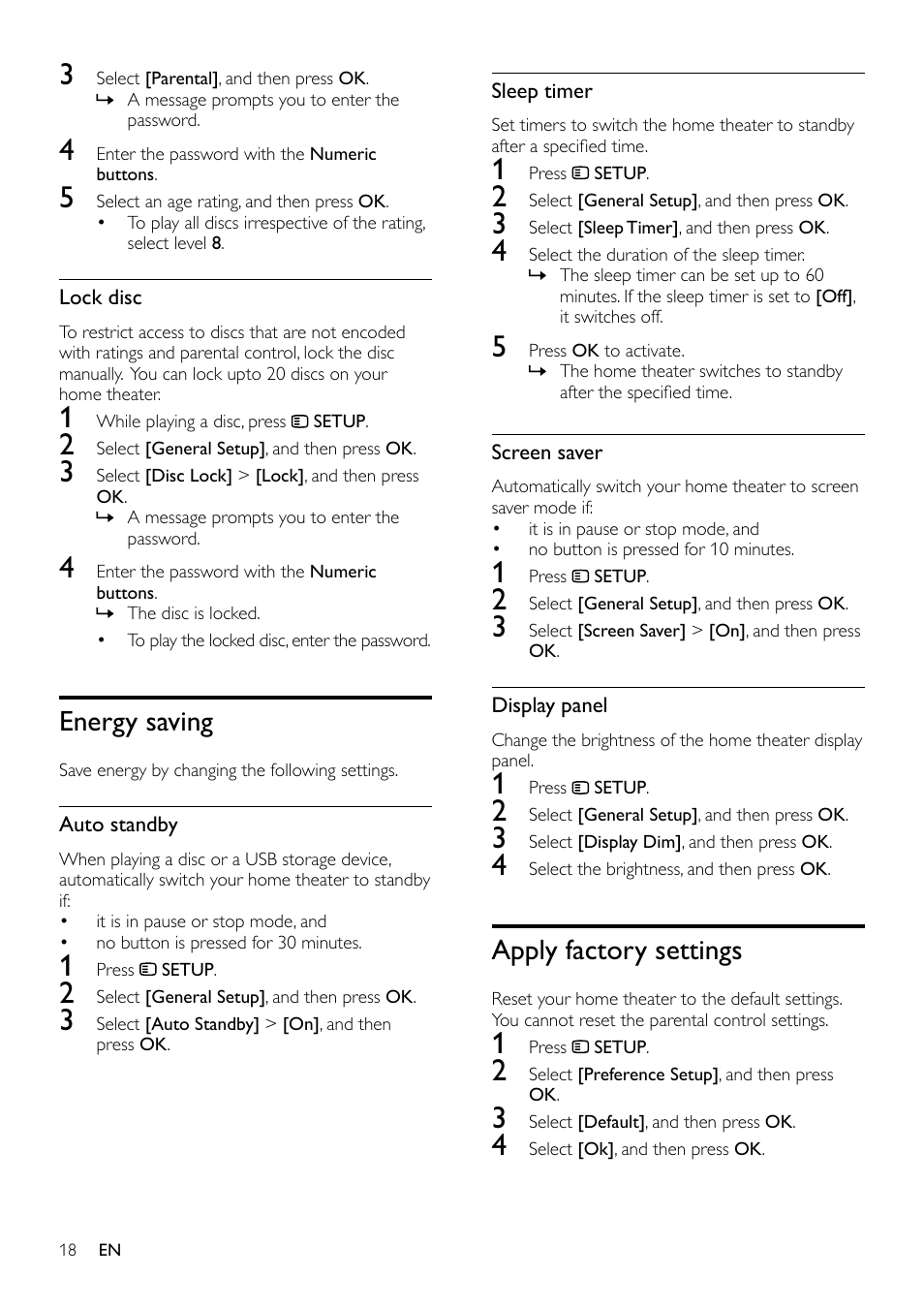Tune stations, Listen to radio, Mp3 player | Play music, Create mp3 files, Energy saving, Apply factory settings | Philips HTS3531-F7 User Manual | Page 20 / 28