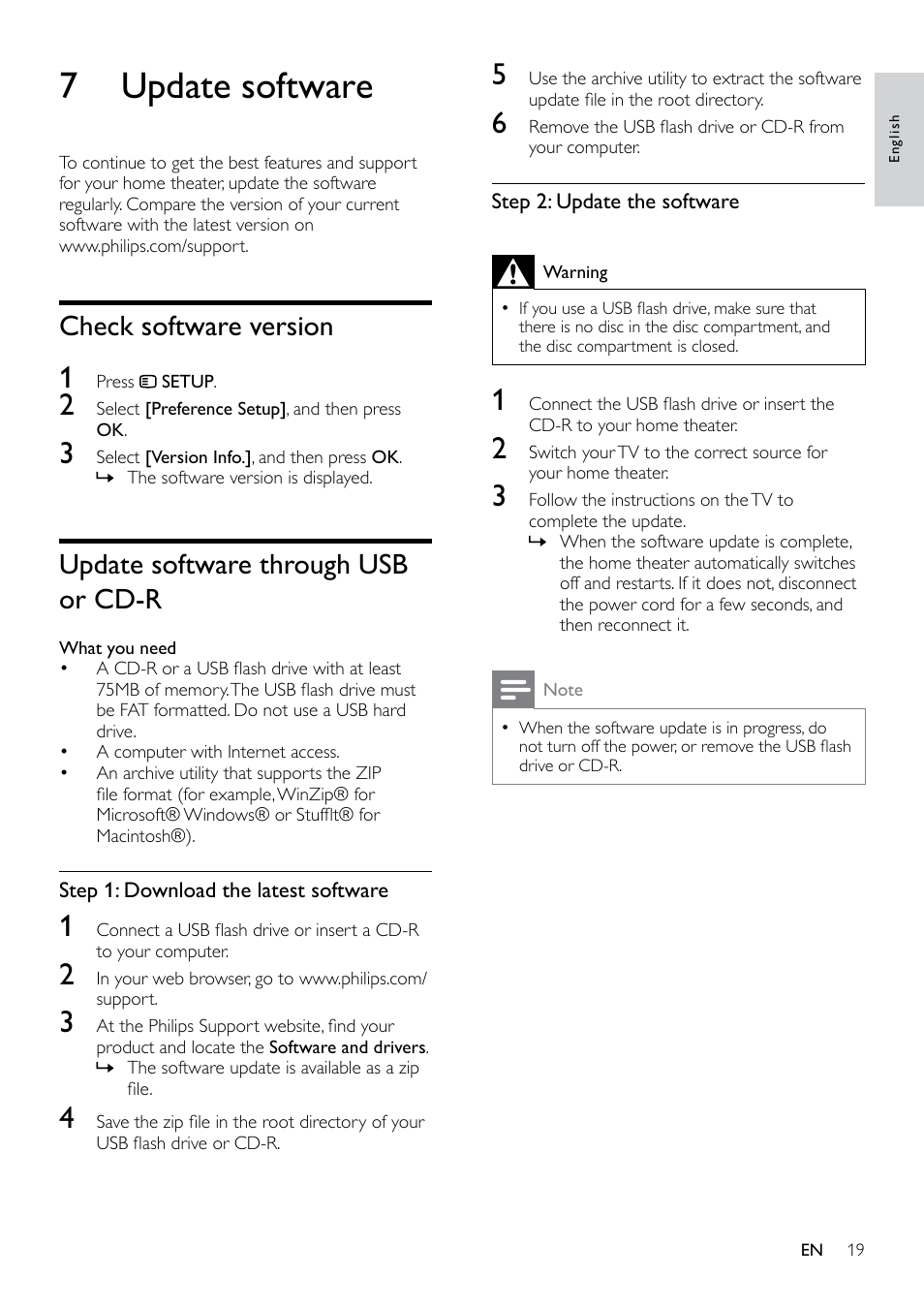 Easylink, Switch on, Control devices | 7 update software, Check software version, Update software through usb or cd-r | Philips HTS3531-F7 User Manual | Page 21 / 28