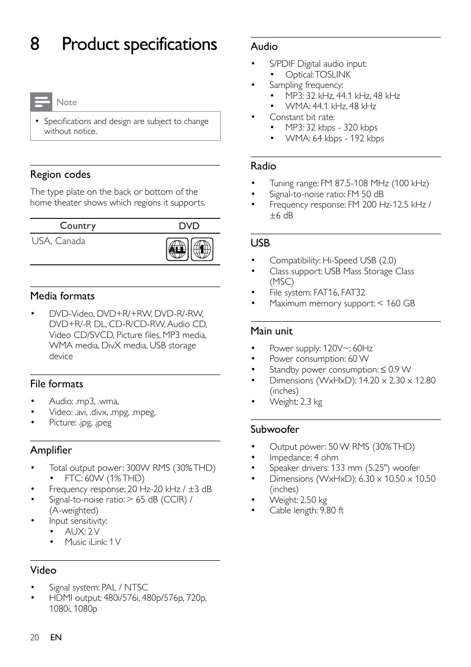 Play audio from home theater, 8 product specifications | Philips HTS3531-F7 User Manual | Page 22 / 28